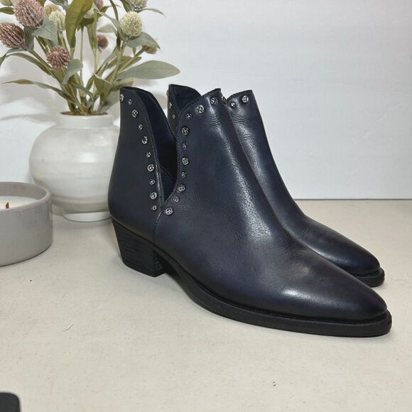 Free People Charm Double-V Studded Boots Leather Navy Blue Women's 37/US6.5 NWOB - Picture 1 of 11